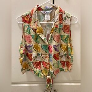 Weekend traffic vintage Multicolor Fan Patterned Sleeveless Blouse size L